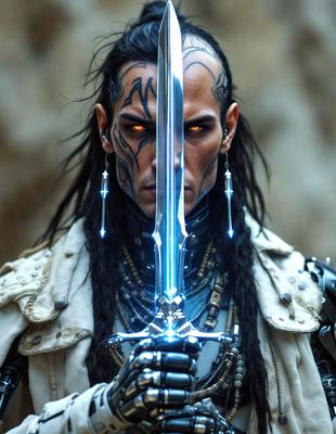 The primary subject of the image is a man with a tattooed face and long hair, holding a sword. He appears to be a warrior or a character from a fantasy story. The setting is a rocky background, which adds to the dramatic atmosphere of the scene. The visual style is a combination of photo and digital art, creating a unique and intriguing image. The dominant colors are blue and silver, which are visible on the sword and the man's outfit. The overall mood of the image is intense and captivating, as the man's fierce expression and the sword's glowing light suggest a sense of danger and adventure.